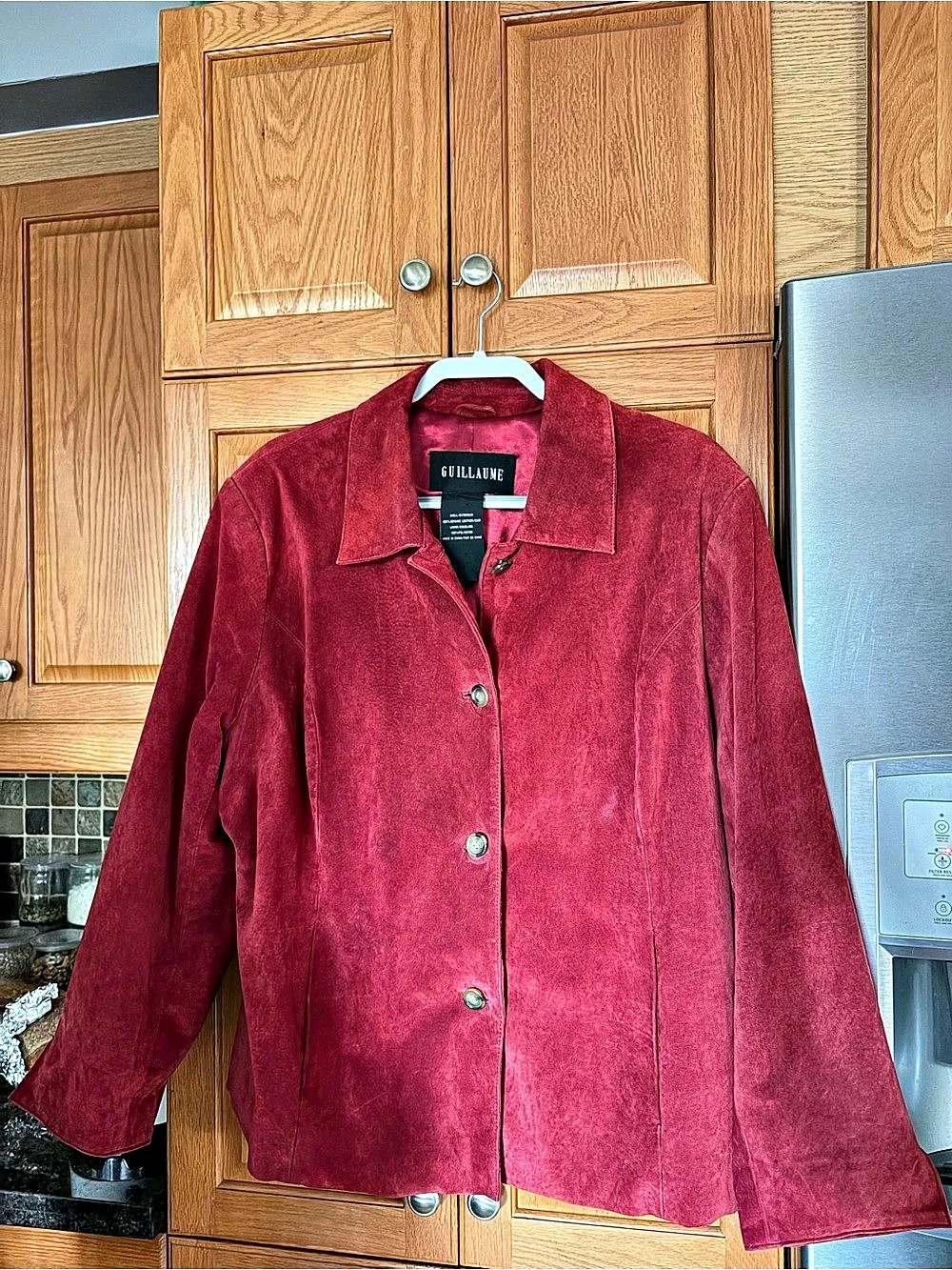Guillaume Genuine Suede Leather Jacket Raspberry Red Button Front.